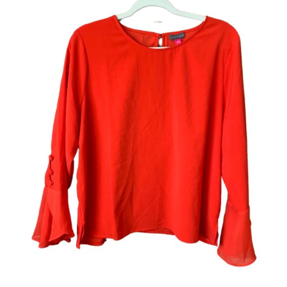 Women's Vince Camuto Large Red Bell Sleeve Keyhole Back Polyester Blouse EUC - Picture 1 of 13